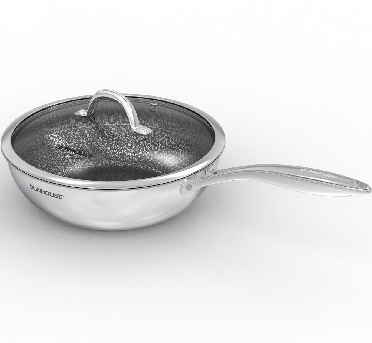 Chảo xào Inox liền đáy Hybrid Sunhouse Healthy IN28M8VK (vung kính- Phi 28)