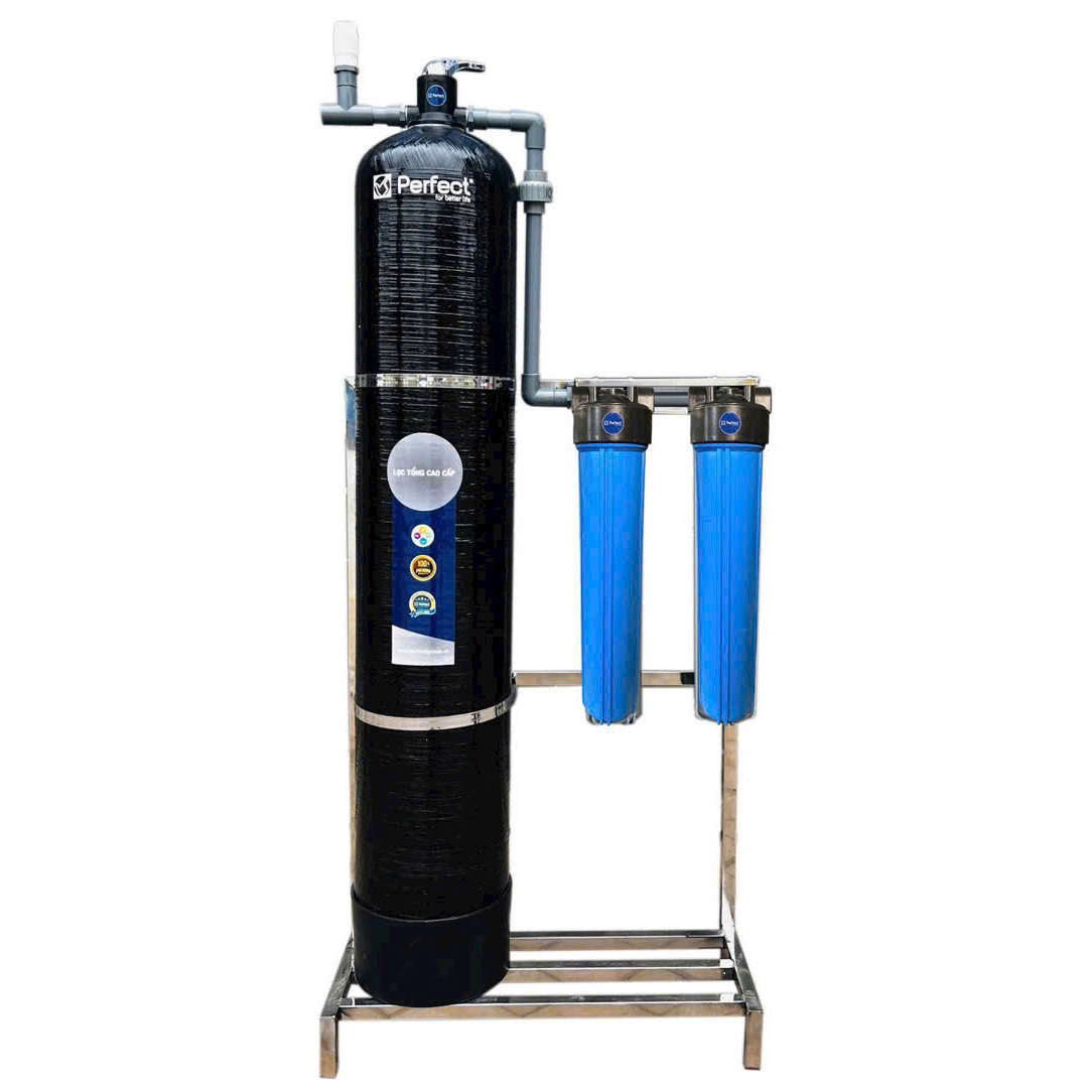 Bộ lọc nước tổng 1 cột composite sợi thủy tinh cao cấp, van cơ, màu đen, full vật liệu (PC01)