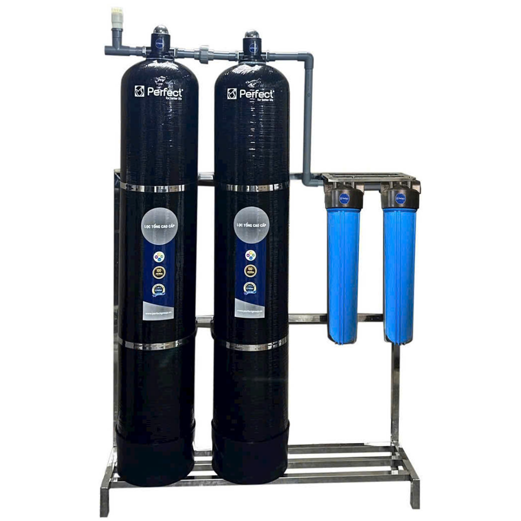 Bộ lọc nước tổng 2 cột composite sợi thủy tinh cao cấp, van cơ, màu đen, full vật liệu (PC02)